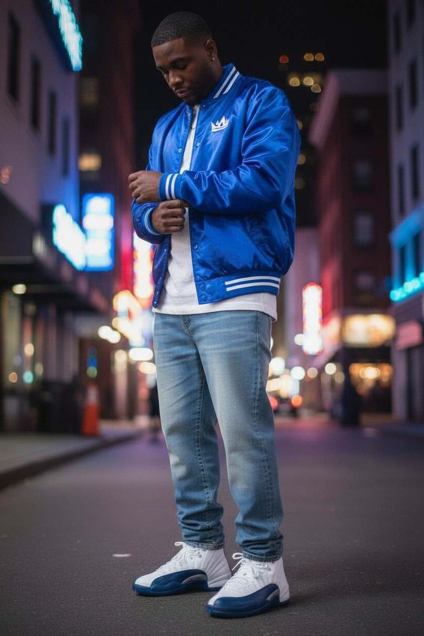 Satin Baseball Jacket Striped Trim 
- Blue