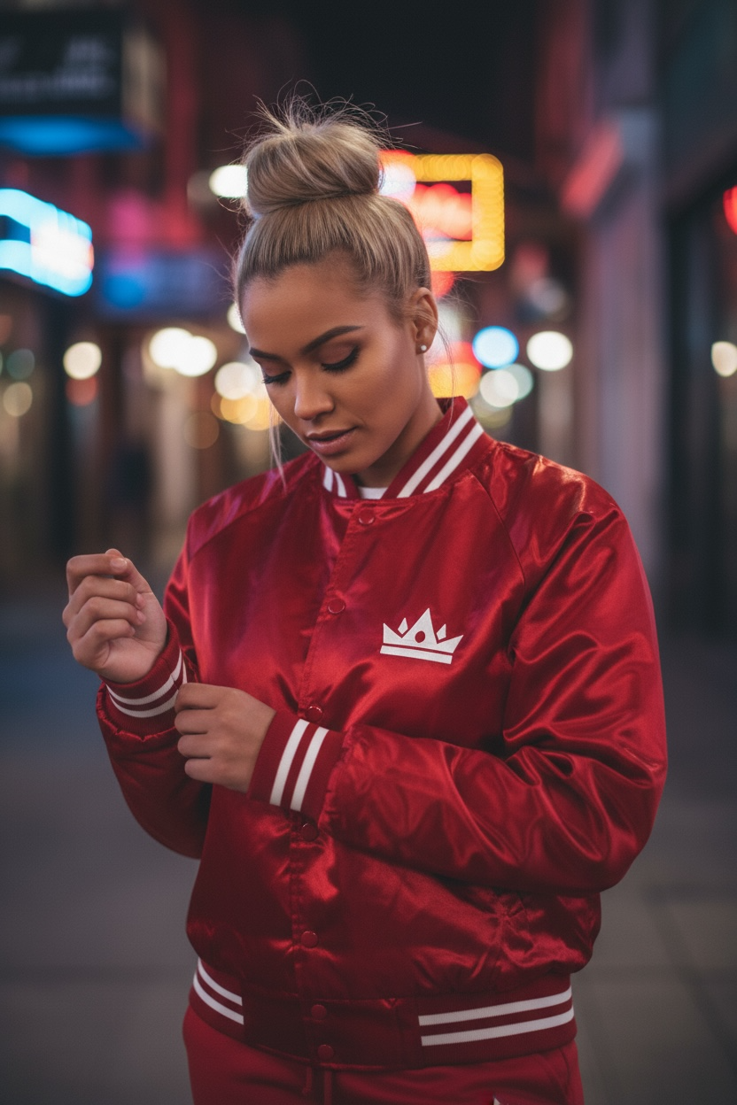 Satin Baseball Jacket Striped Trim 
- Red