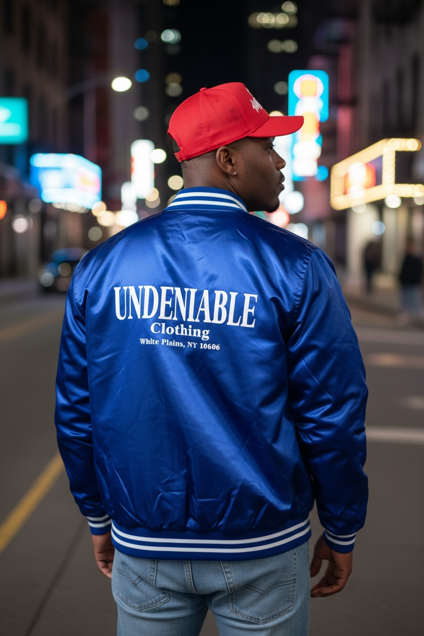Satin Baseball Jacket Striped Trim 
- Blue