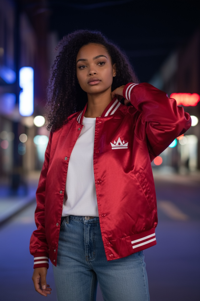 Satin Baseball Jacket Striped Trim 
- Red