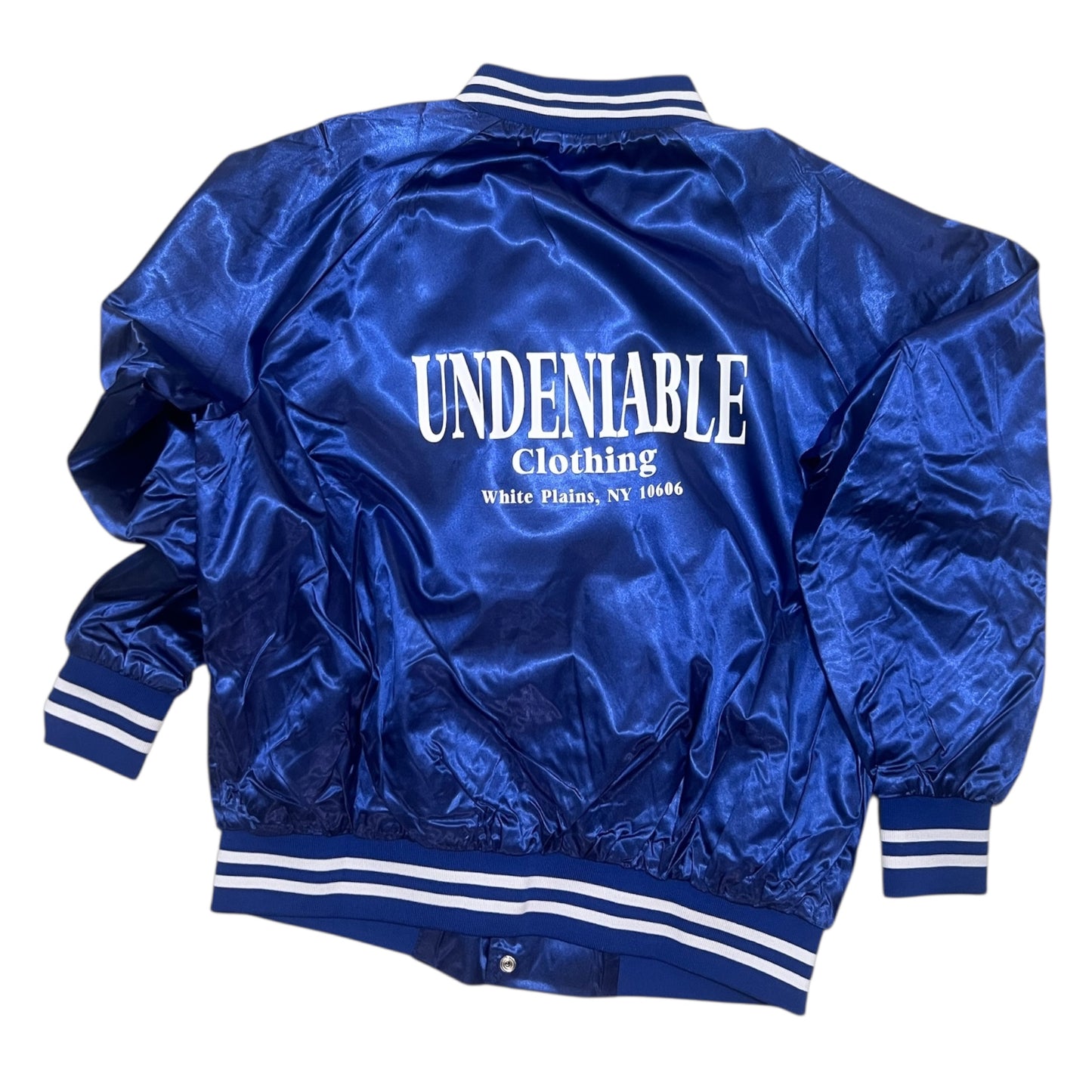 Satin Baseball Jacket Striped Trim 
- Blue