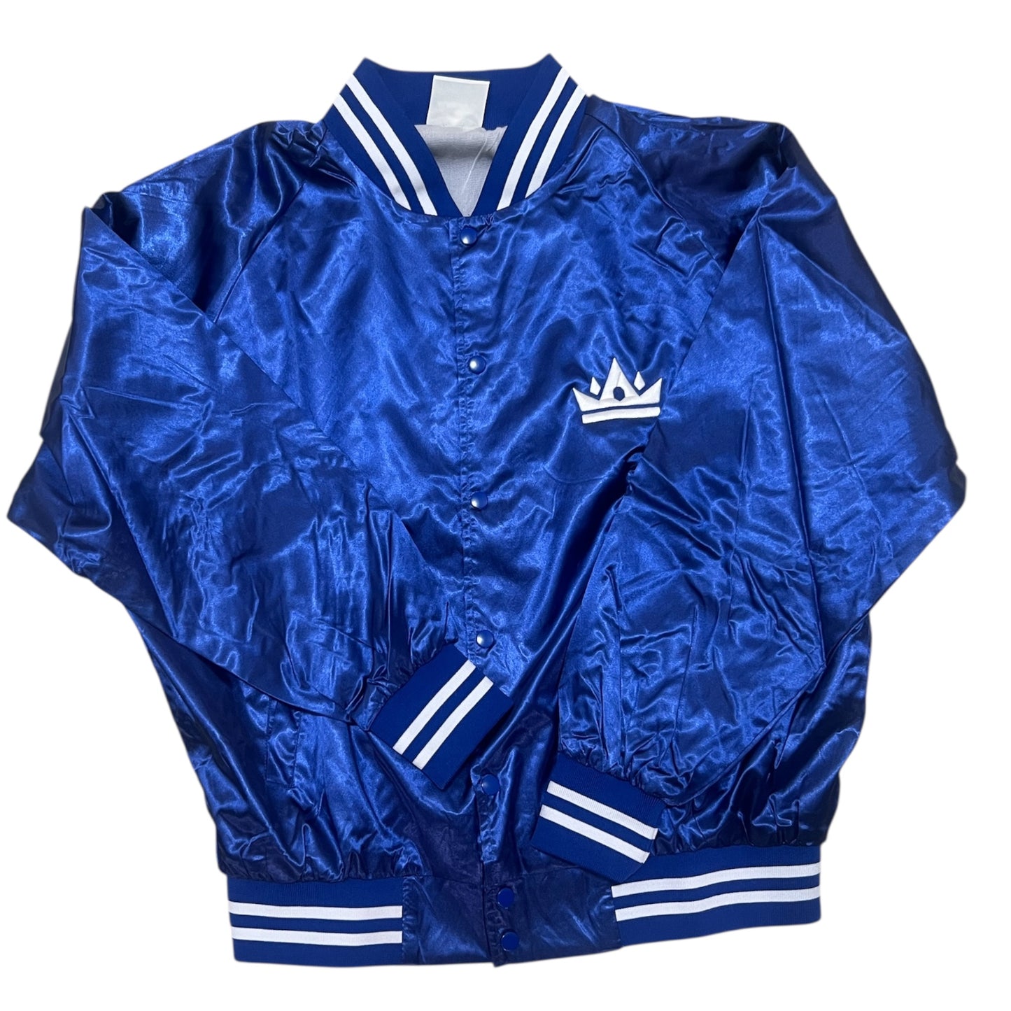 Satin Baseball Jacket Striped Trim 
- Blue