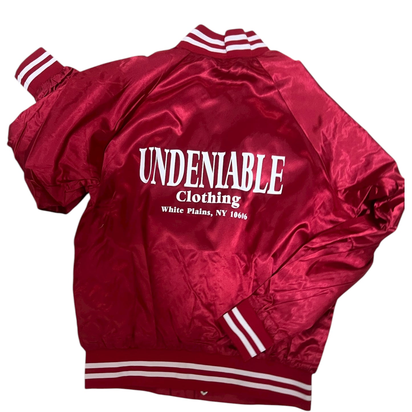 Satin Baseball Jacket Striped Trim 
- Red