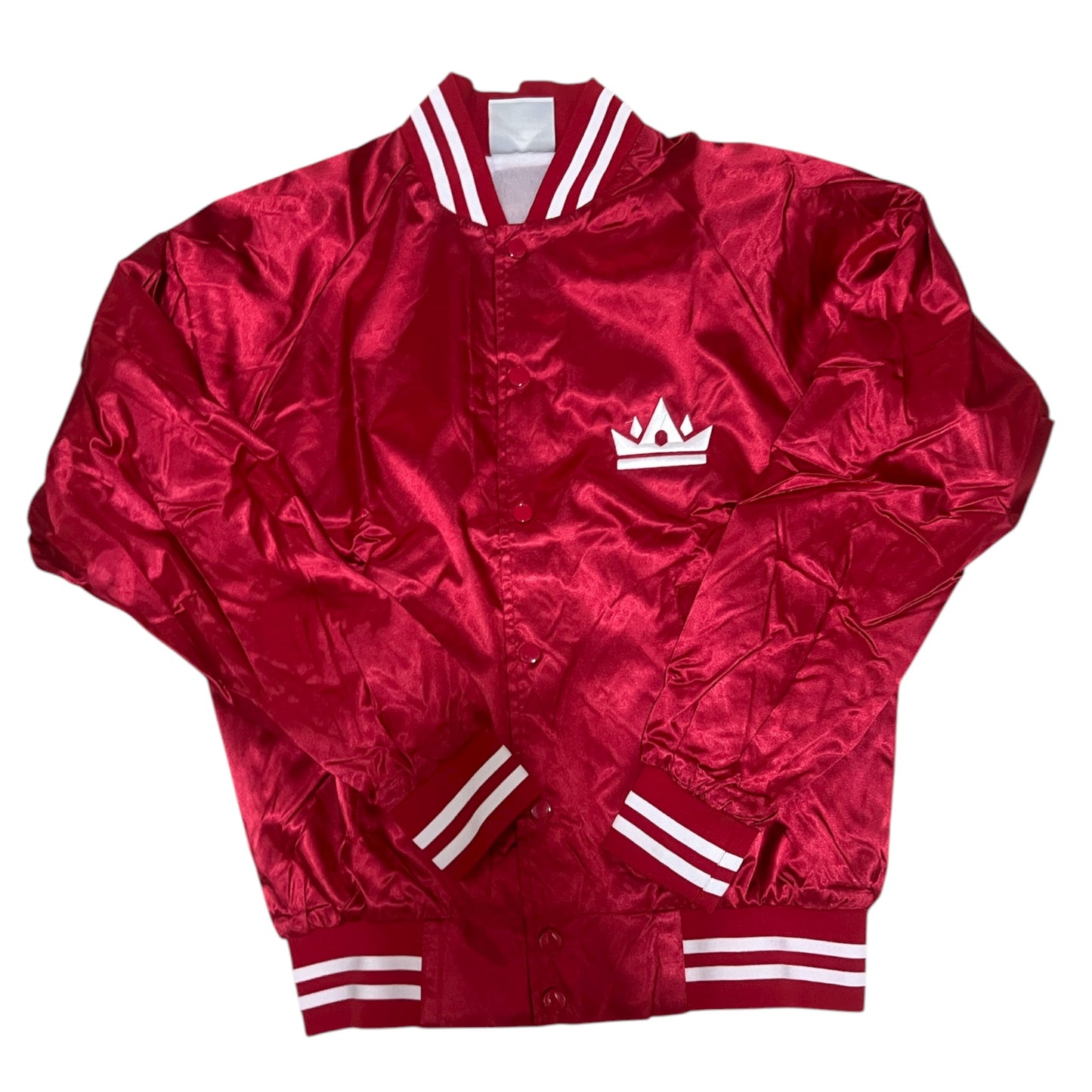 Satin Baseball Jacket Striped Trim 
- Red